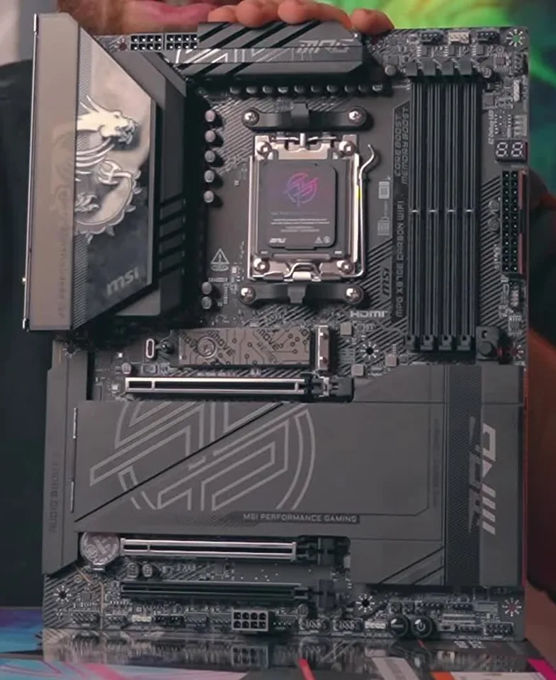 MSI MPG X870E CARBON WIFI assembly photograph — nominal00:03:55 still from MoreThanTech MSI build